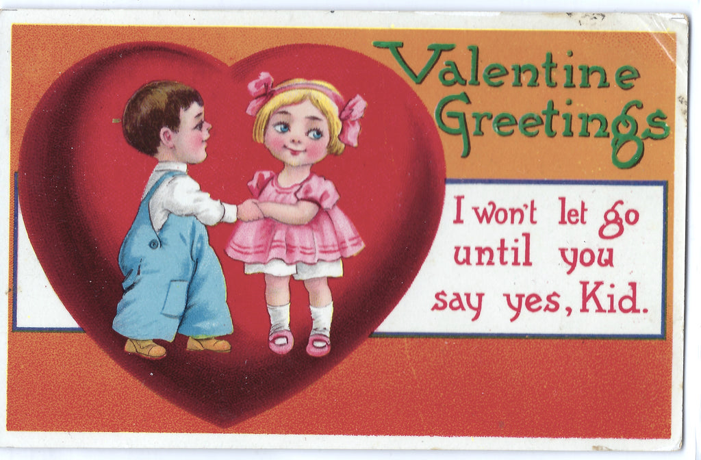Embossed Valentine Postcard Series 7130 Little Boy and Girl in Giant Heart Gel Like Finish