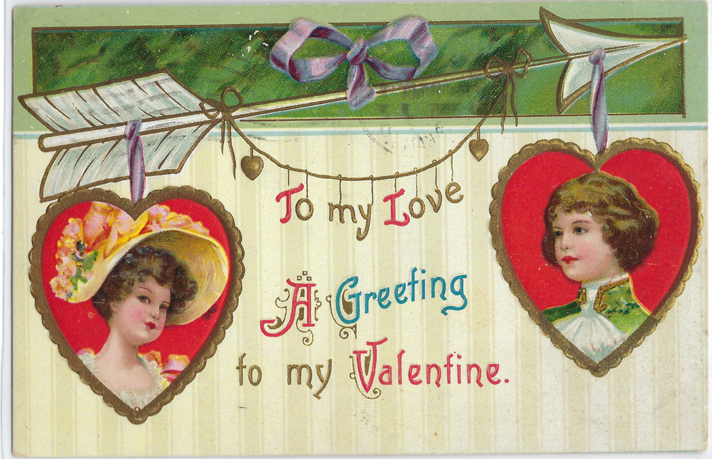 Embossed German Valentine Postcard Series 1084 Children Portraits in Hanging Hearts