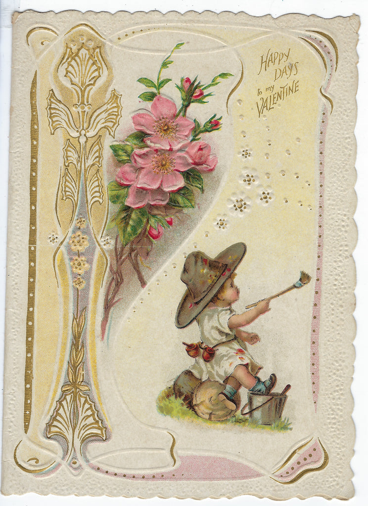 Antique Vintage Die Cut Valentine Card Embossed With Flowers & Small Boy Seated on Log Painting