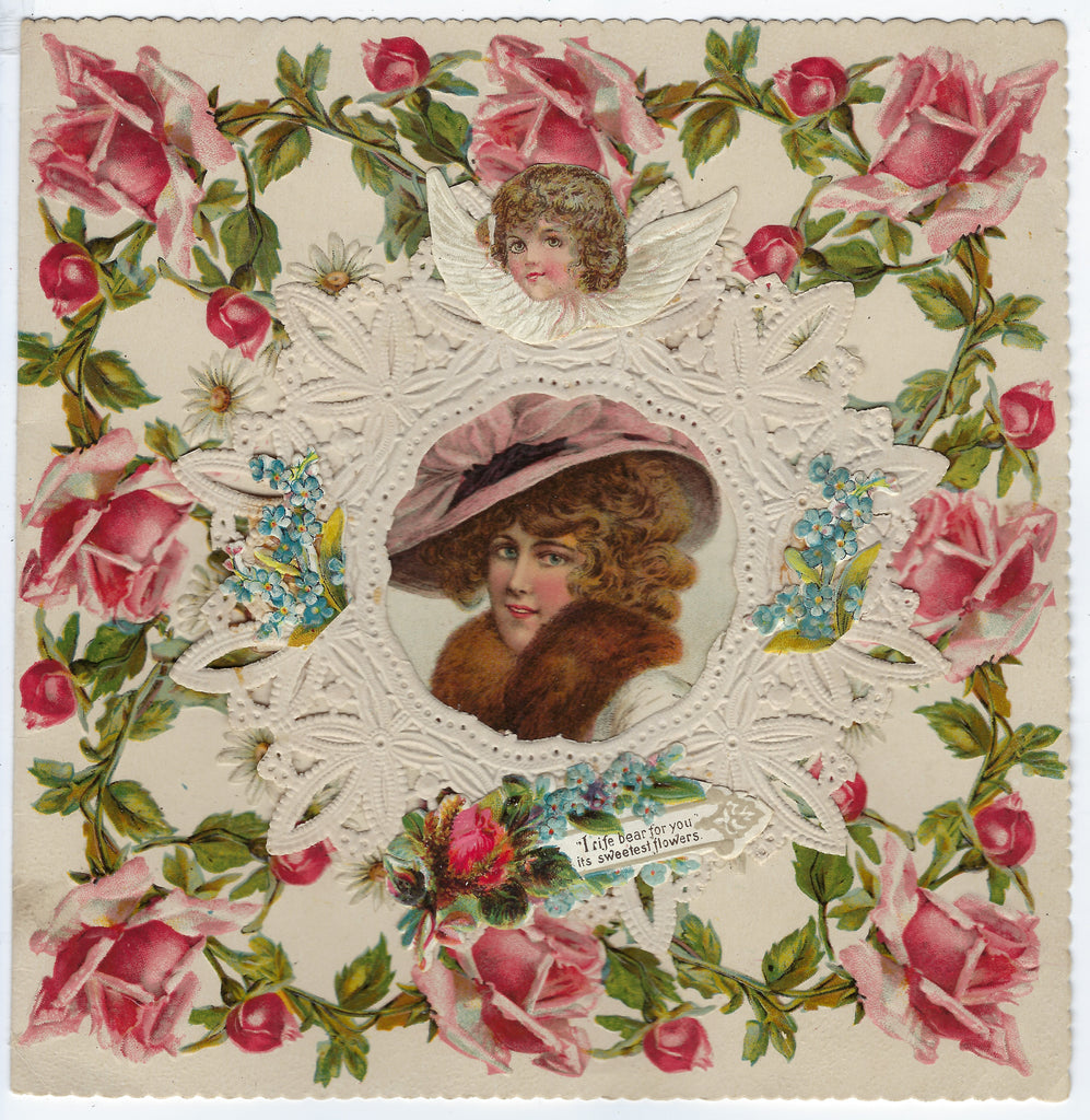 Die Cut Embossed Paper Lace Valentine Card Pink Roses and Victorian Woman