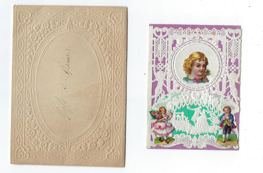 Pre Civil War Period Rare Mullord Bros Paper Lace Valentine Card Embossed Couple with Cupids