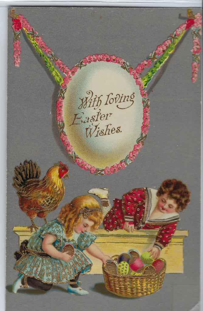 Easter Postcard Gold Embossed Card with Children Collecting Painted Eggs Under Giant Hanging Egg Gel Finish