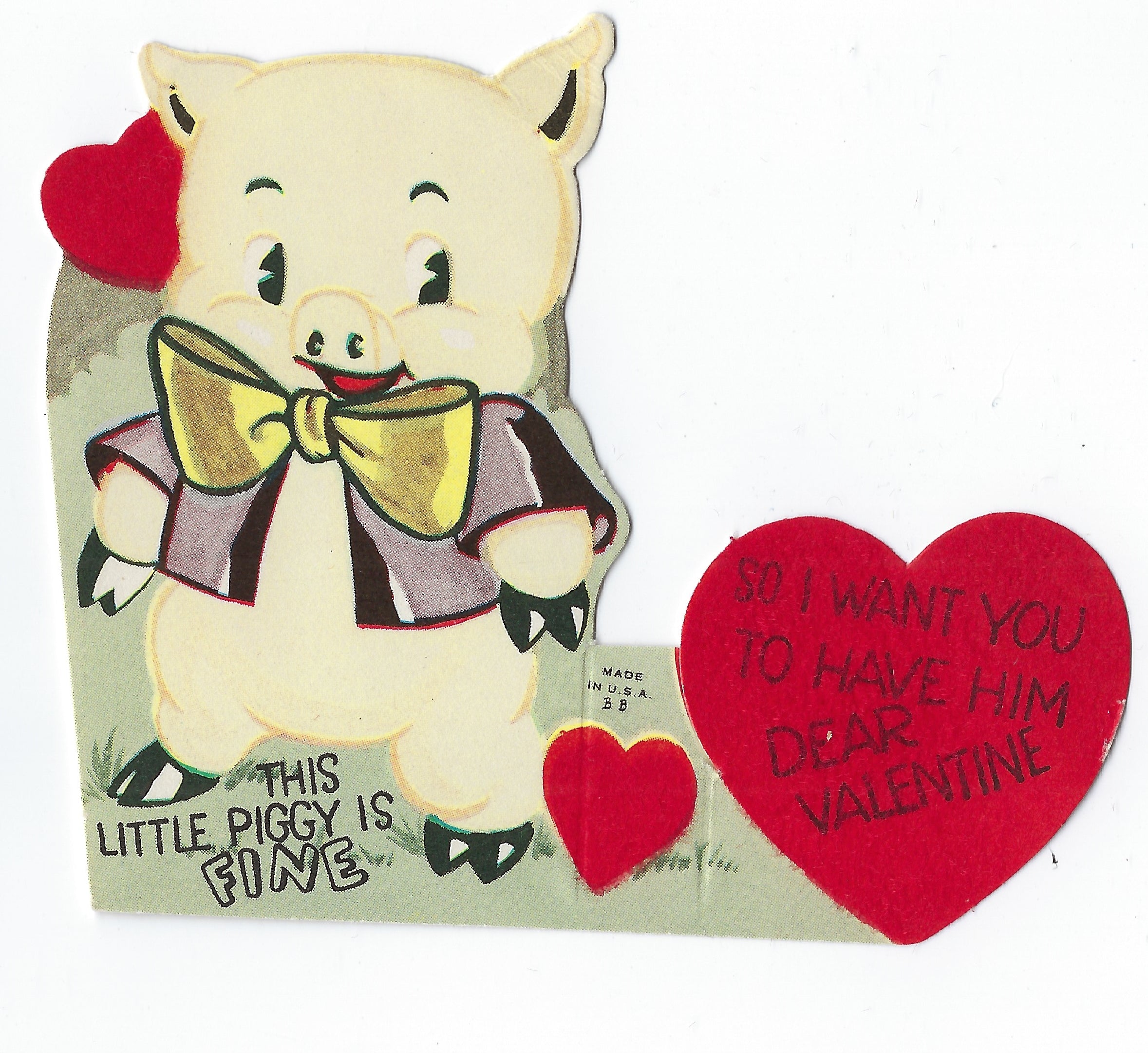 Vintage Valentine's Card Anthropomorphic Piglet Mid Century