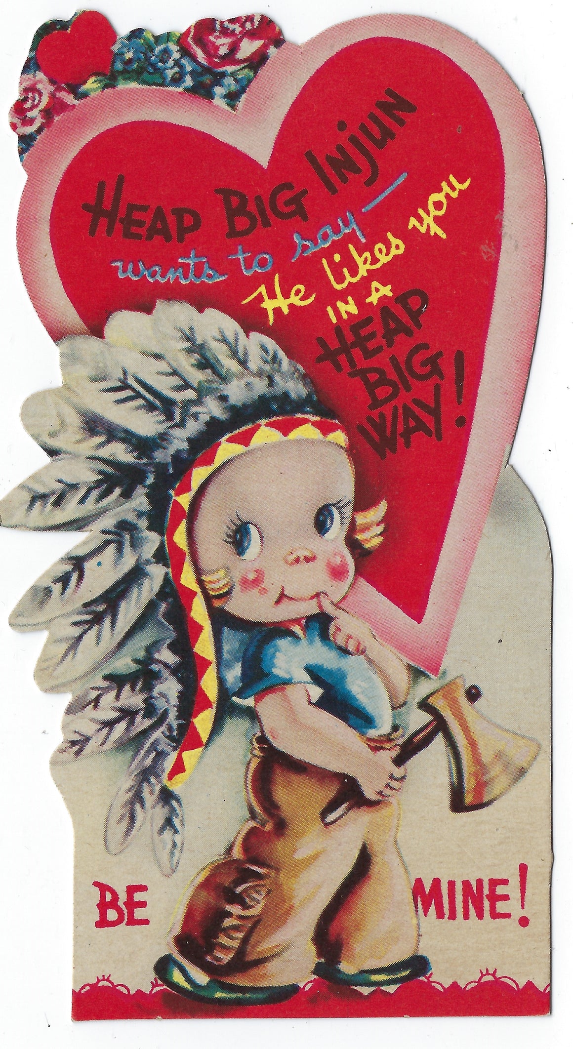 Vintage Valentine's Card Little Native American Indian in Head Dress with Tomahawk