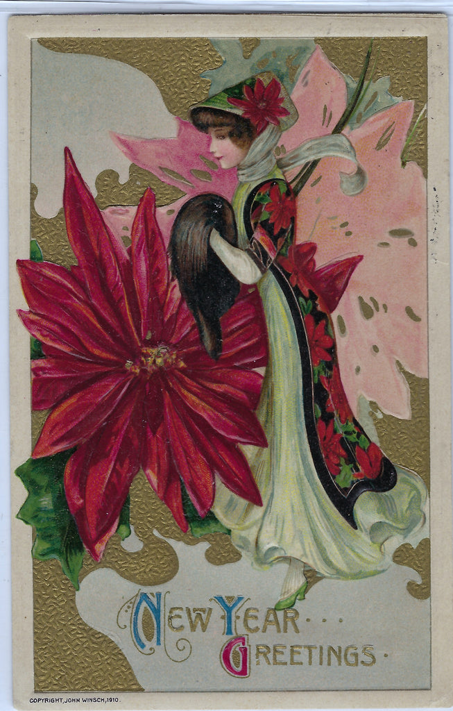 New Year Postcard John Winsch Publishing Art Nouveau Woman in Green with Poinsettia