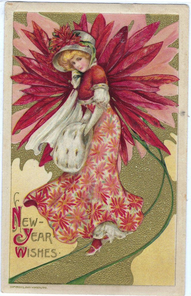 New Year Postcard John Winsch Publishing Art Nouveau Woman in Red with Poinsettia