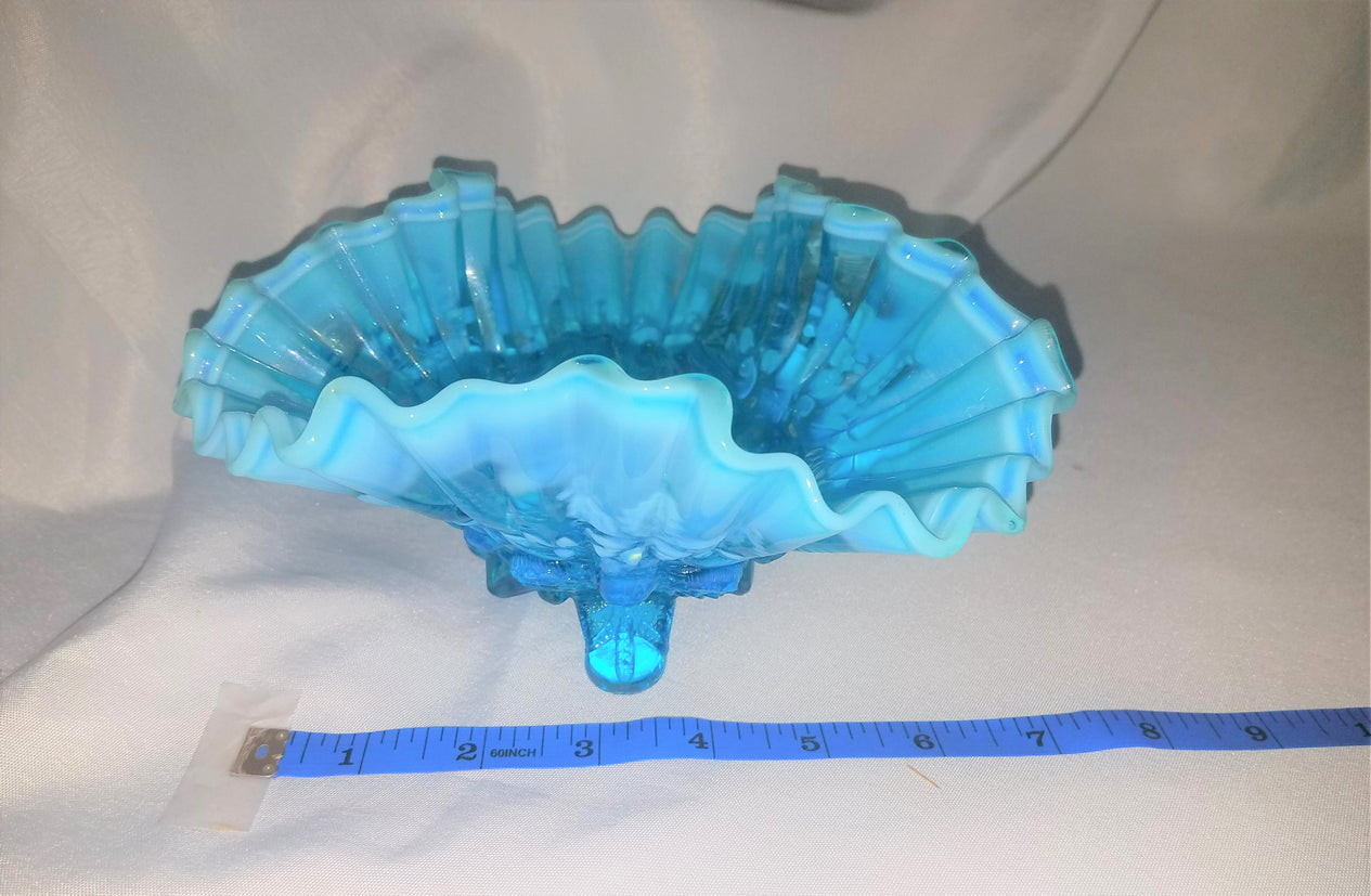 Sowerby PIASA BIRD Blue Opalescent Footed Whimsy Bowl w/ Ruffled Rim