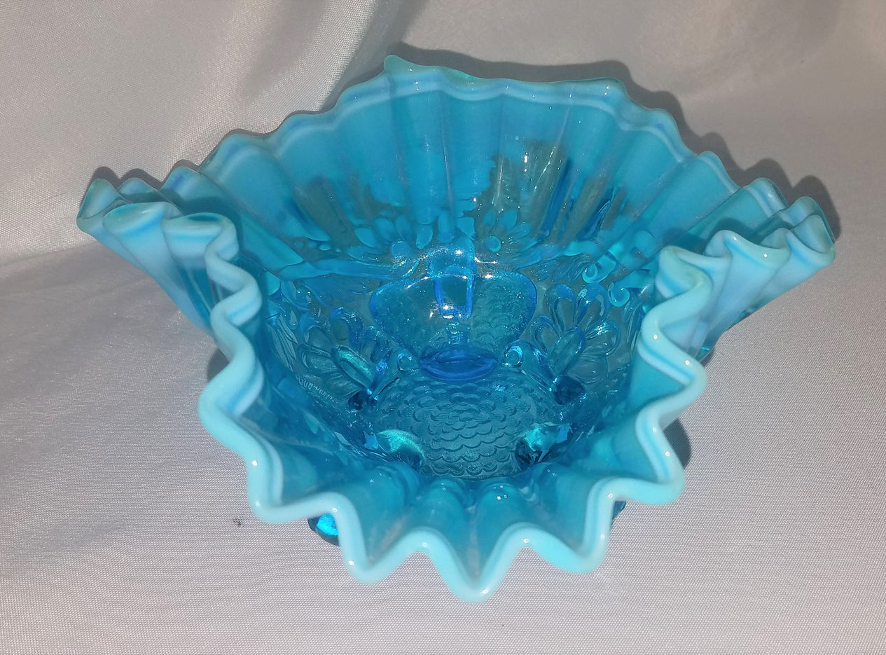 Sowerby PIASA BIRD Blue Opalescent Footed Whimsy Bowl w/ Ruffled Rim
