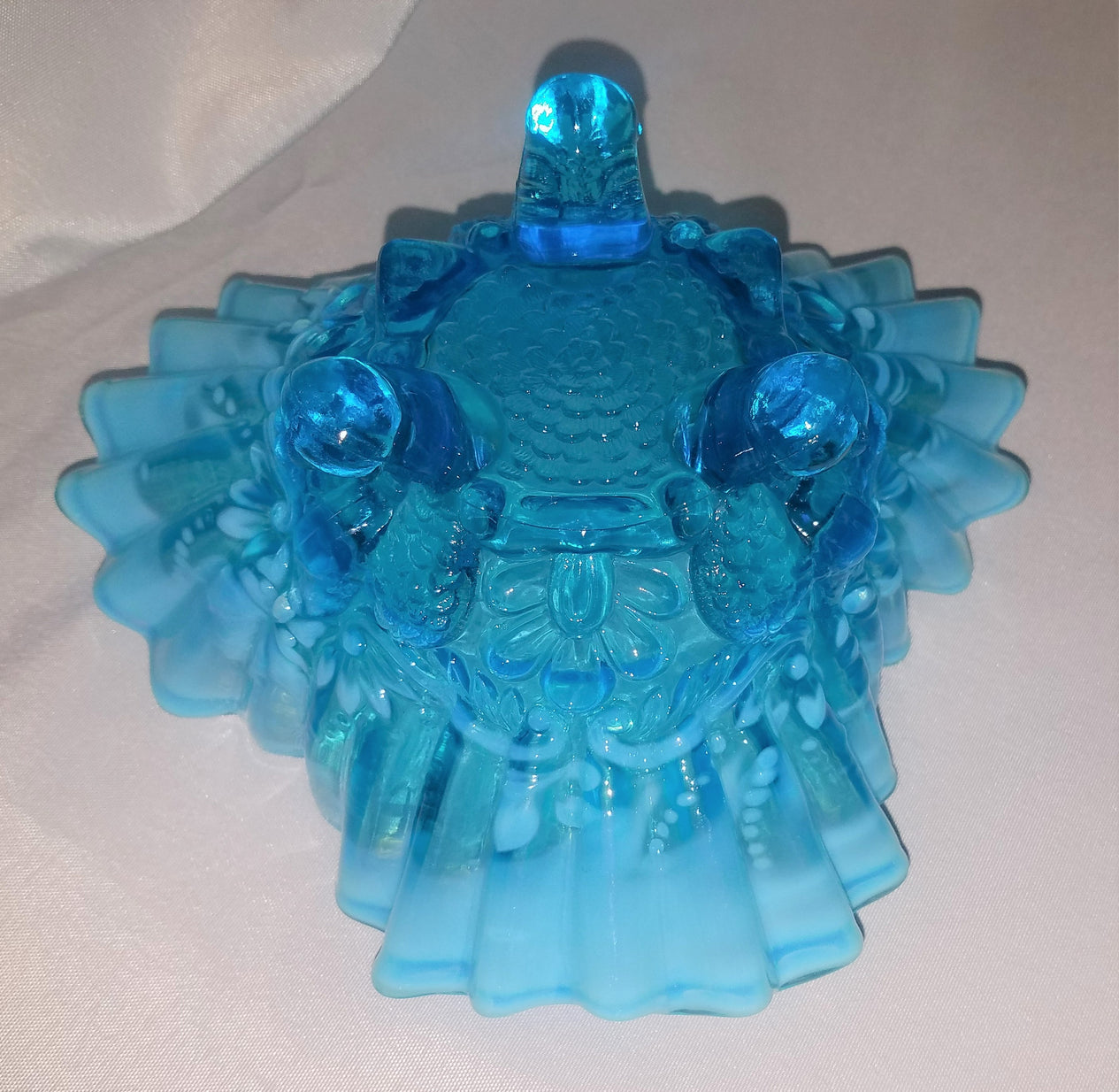 Sowerby PIASA BIRD Blue Opalescent Footed Whimsy Bowl w/ Ruffled Rim