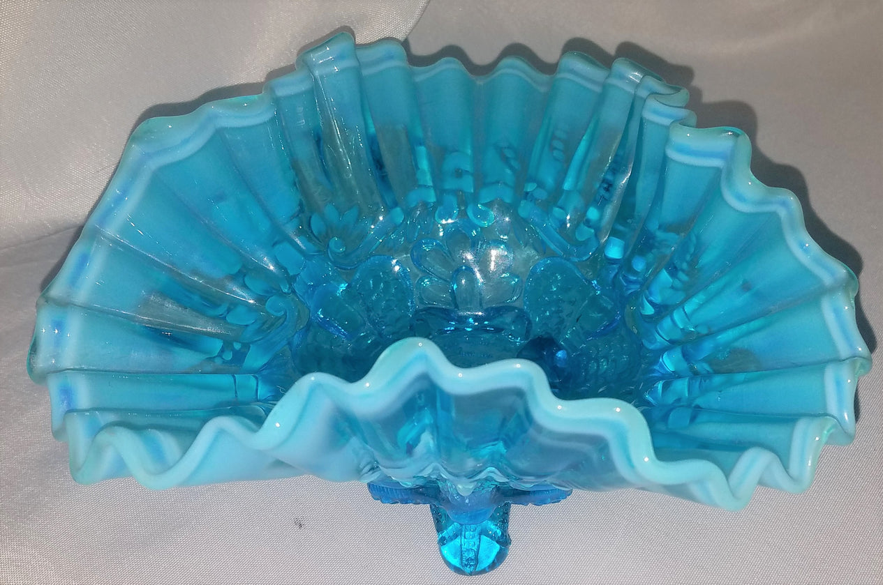 Sowerby PIASA BIRD Blue Opalescent Footed Whimsy Bowl w/ Ruffled Rim