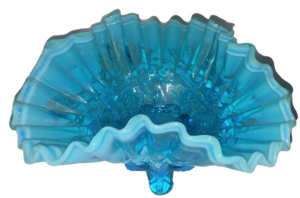 Sowerby PIASA BIRD Blue Opalescent Footed Whimsy Bowl w/ Ruffled Rim