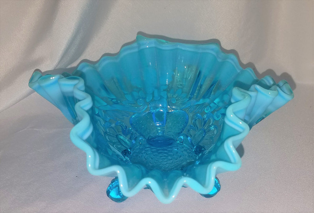 Sowerby PIASA BIRD Blue Opalescent Footed Whimsy Bowl w/ Ruffled Rim