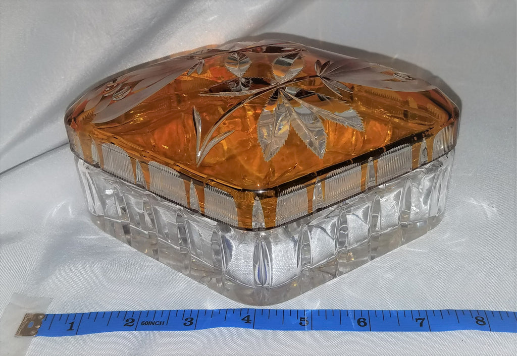 Bohemian Glass Amber Cut to Clear Crystal Covered Box with Engraved Flowers
