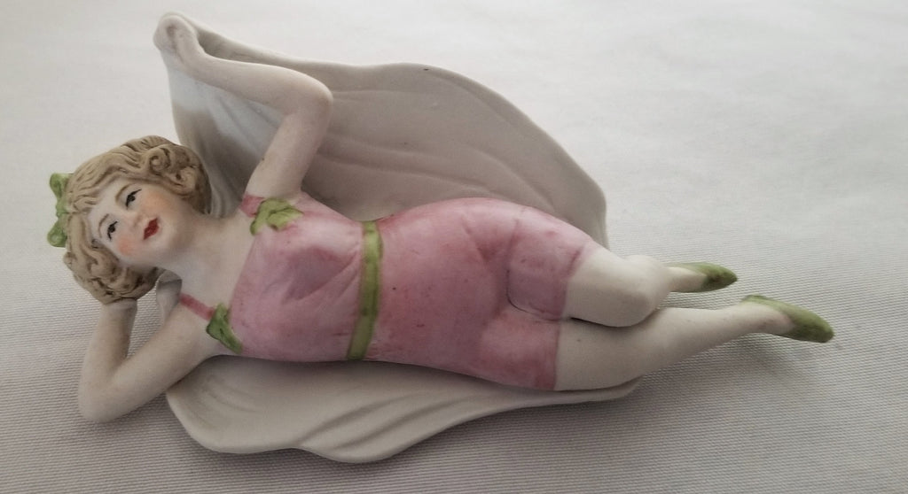 Schafer Vater German Bathing Beauty Risque Lady Porcelain Bisque Figurine Art Deco Bather Pink Suit