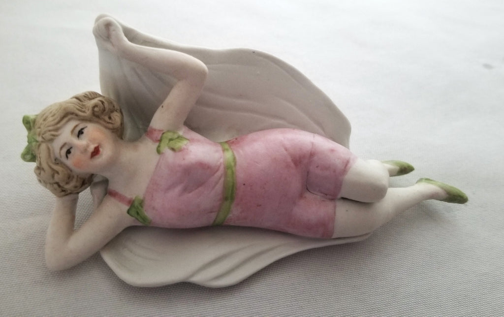 Schafer Vater German Bathing Beauty Risque Lady Porcelain Bisque Figurine Art Deco Bather Pink Suit