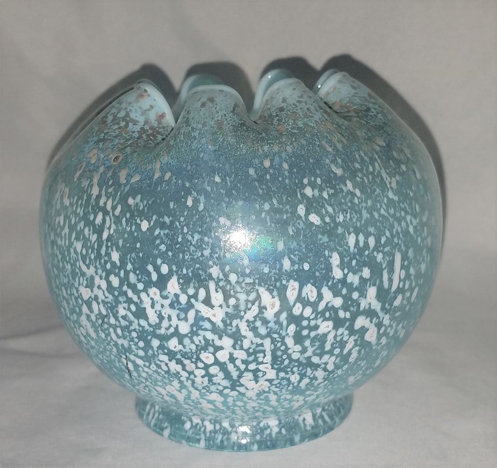 Dugan Aqua Rose Bowl Snowflake Spatter Opalescent Glass