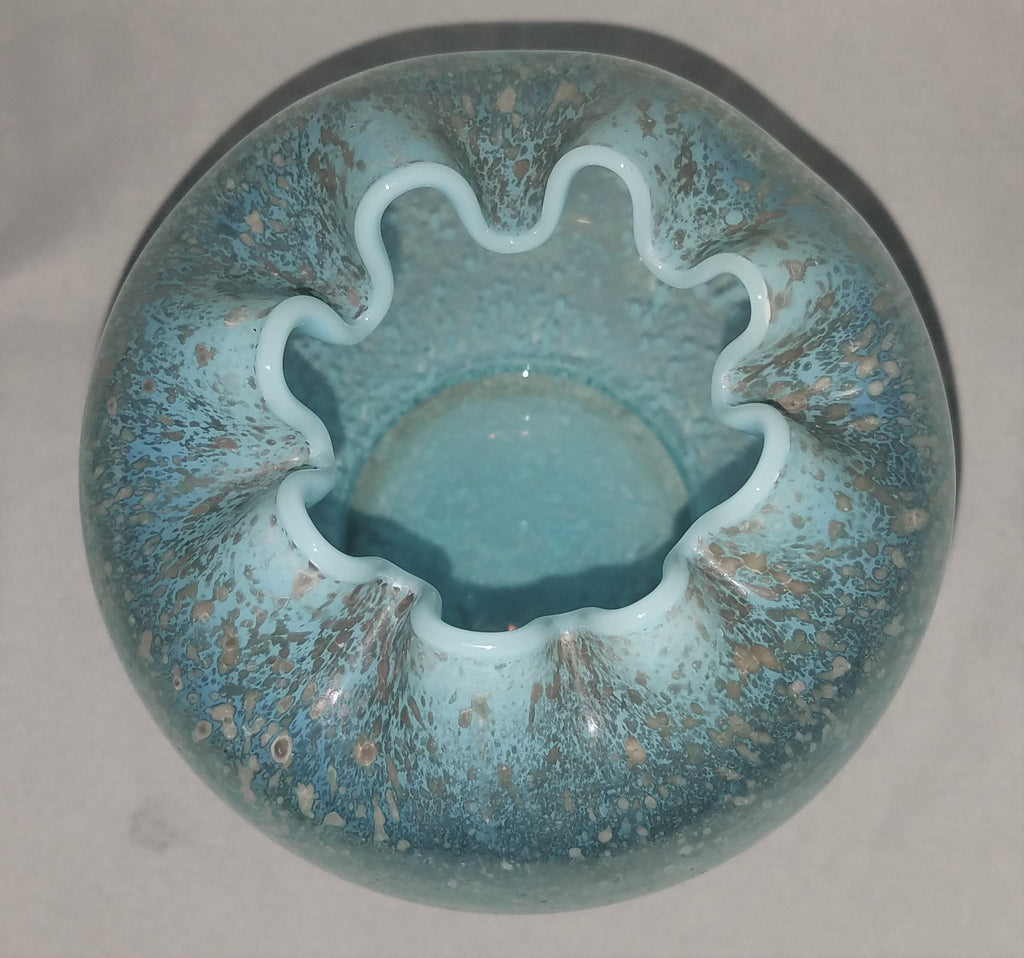 Dugan Aqua Rose Bowl Snowflake Spatter Opalescent Glass