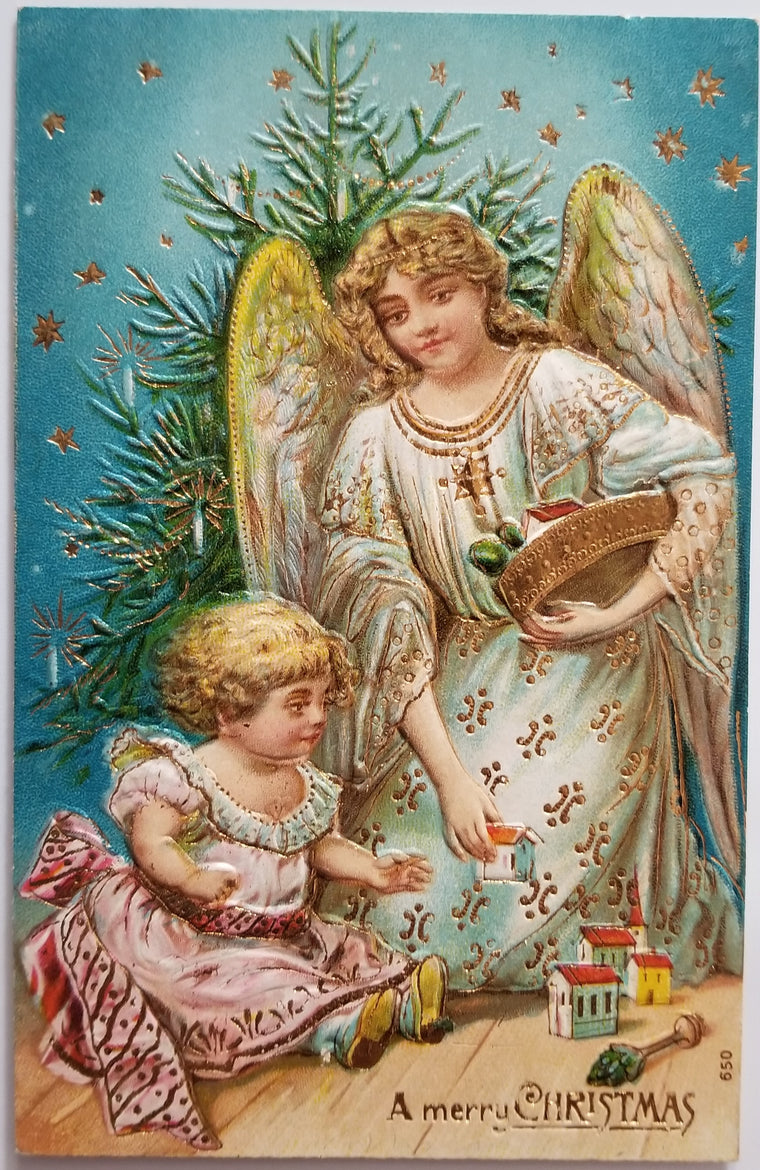 Christmas Postcard Angel and Child Series 650 Gold Embossed 1900s Card
