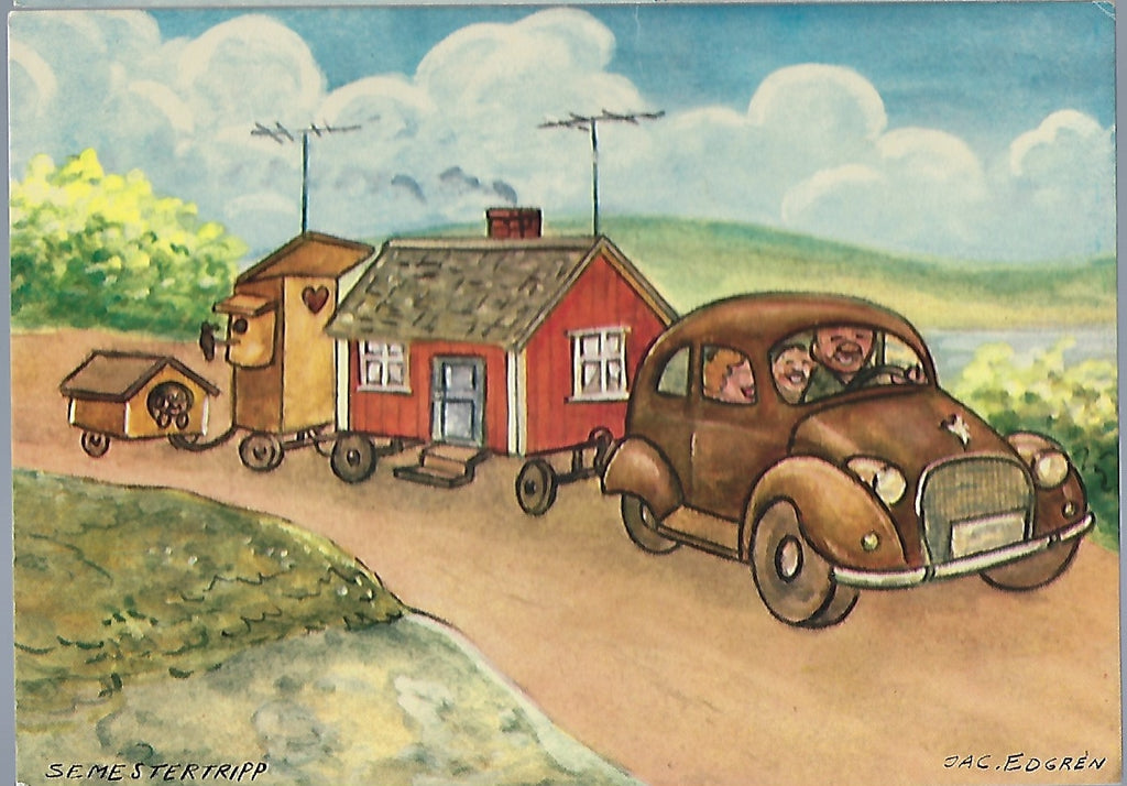 Jac Edgren A/S Comical Swedish Postcard Moving Day Car Towing House