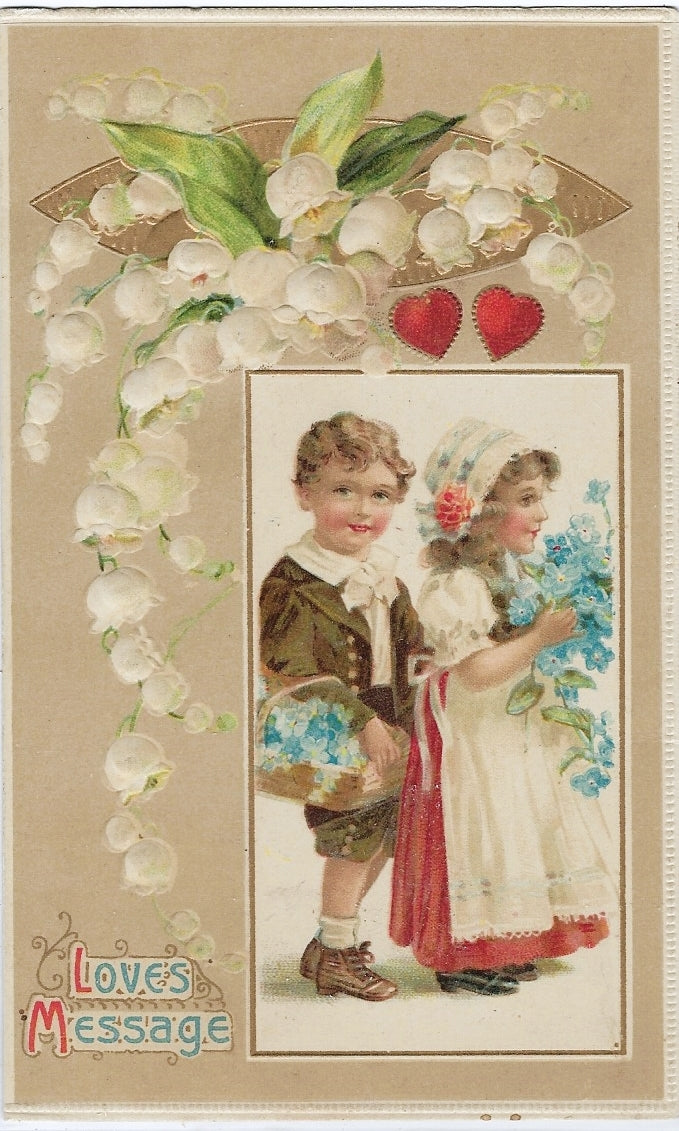 Valentine Postcard Gold Embossed Card with Children and Lily of Valley Flowers