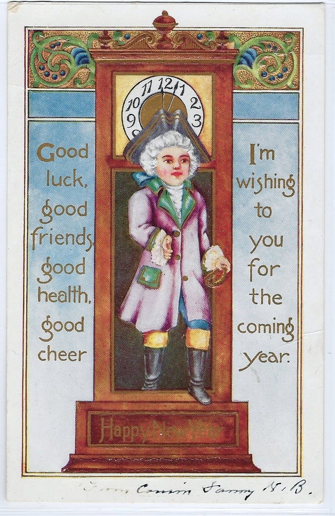 Embossed New Year Postcard Colonial Dressed Person Stepping From Clock Gold Highlights