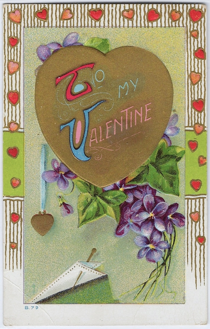 Valentine Postcard Gold Embossed Card Hanging Heart with Flowers