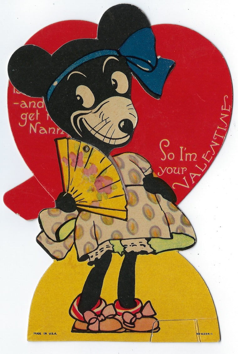 Vintage Mechanical Valentine Card 1930s "Disney" Black Mouse Girl in Dress