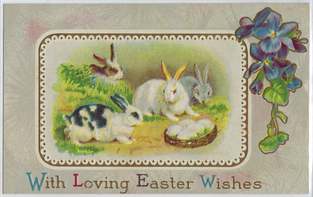 Easter Postcard Bunny Rabbits with Eggs and Purple Floral Border Series 105