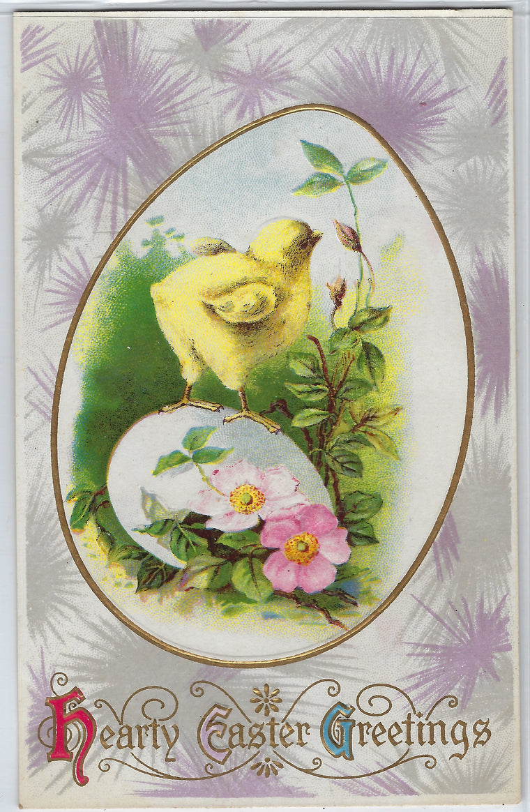 Easter Postcard Baby Chick Standing on Egg Smelling Blossoming Flowers Purple Border Series 105