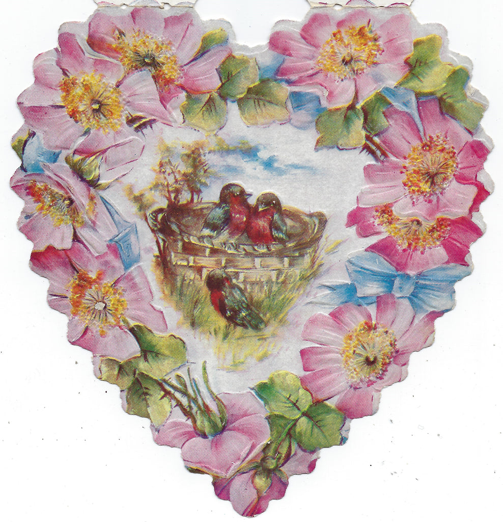 Die Cut Heart Shaped Valentine Card Flower Trim with Robin Birds in Center Poem in the Interior Circa 1900s
