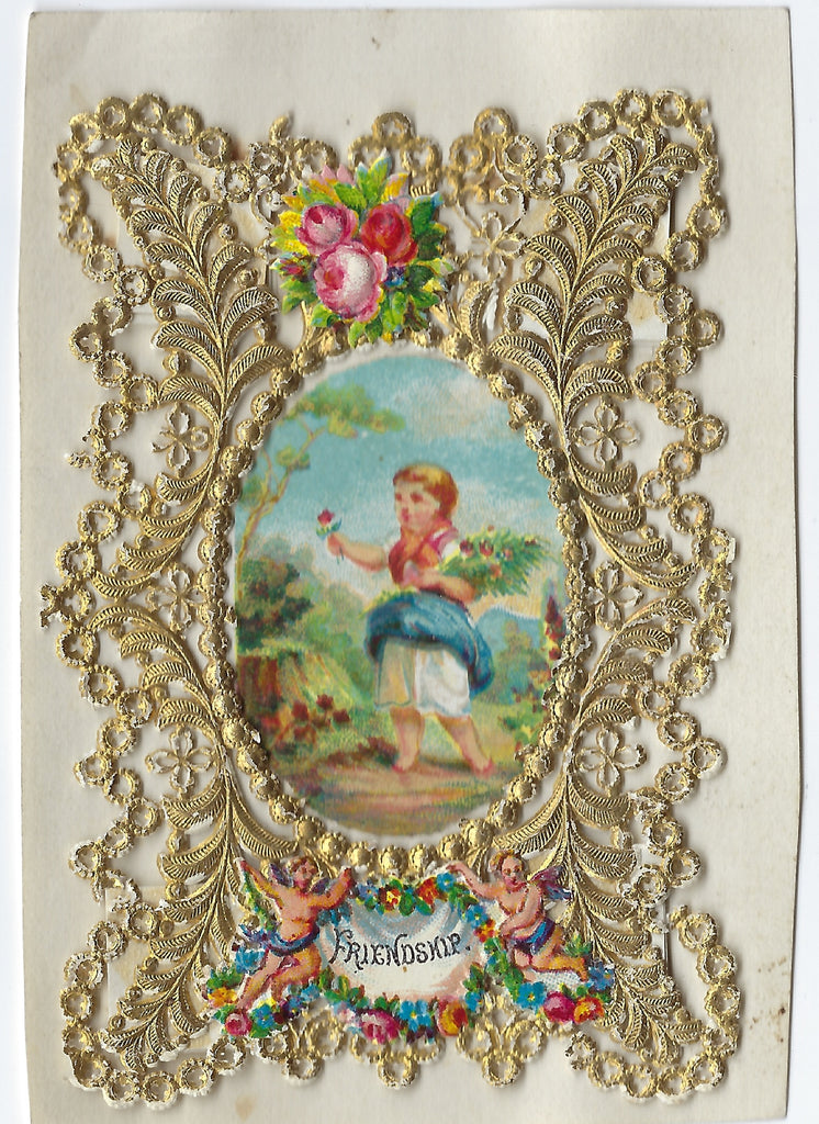 Die Cut Embossed Gold Foil Lace Valentine Card Front Attributed to Taft Chormolitho Image Circa 1880