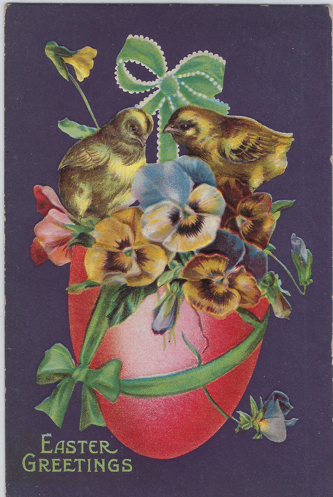 Easter Postcard Embossed Baby Chicks on Hanging Pink Egg Filled with Flowers