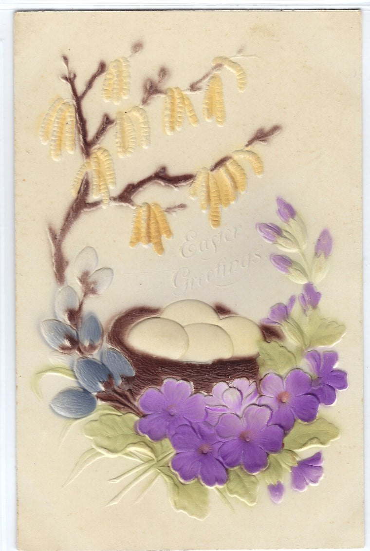 Easter Postcard Embossed Air Brush Painted Card with Flowers and Nest Filled with Eggs