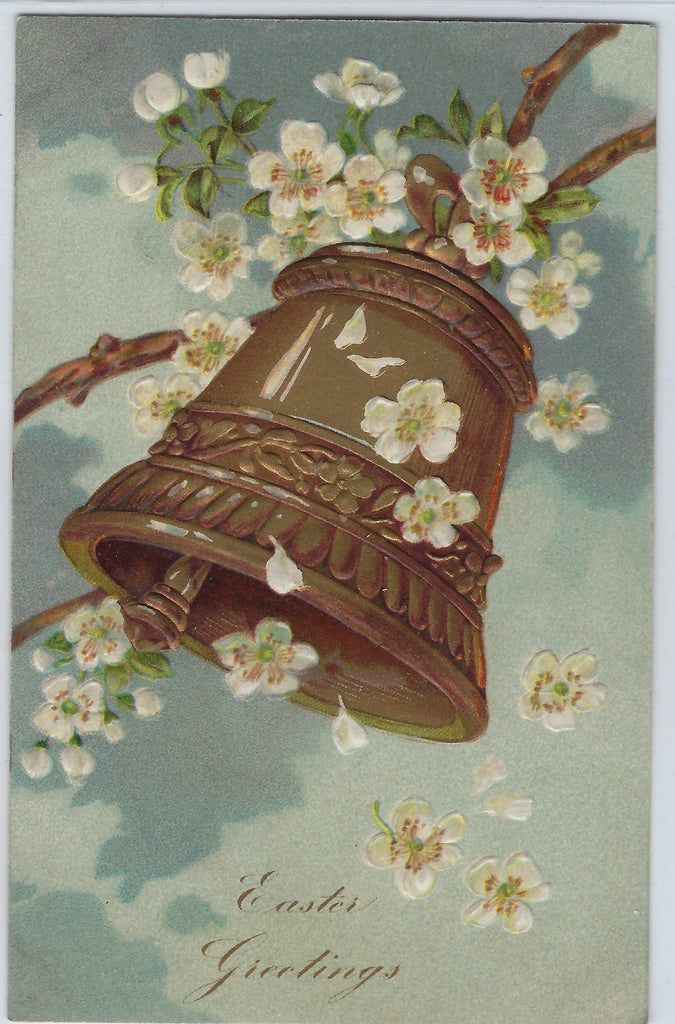 Easter Postcard Embossed Ringing Gold Bell Covered in Flowers PFB Publishing Germany Series 6709