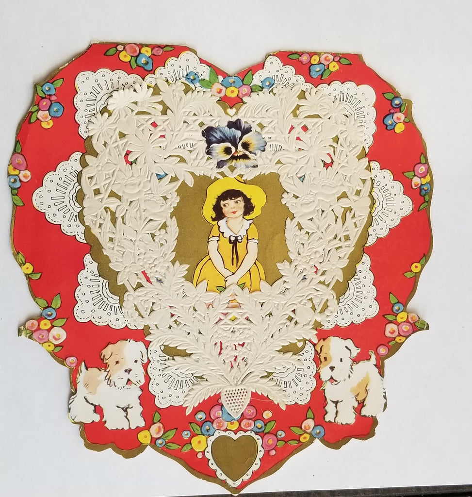 Antique Die Cut Embossed Valentine Red Heart Shaped Card with Gold Whitney Publishing Little Girl with Paper Lace
