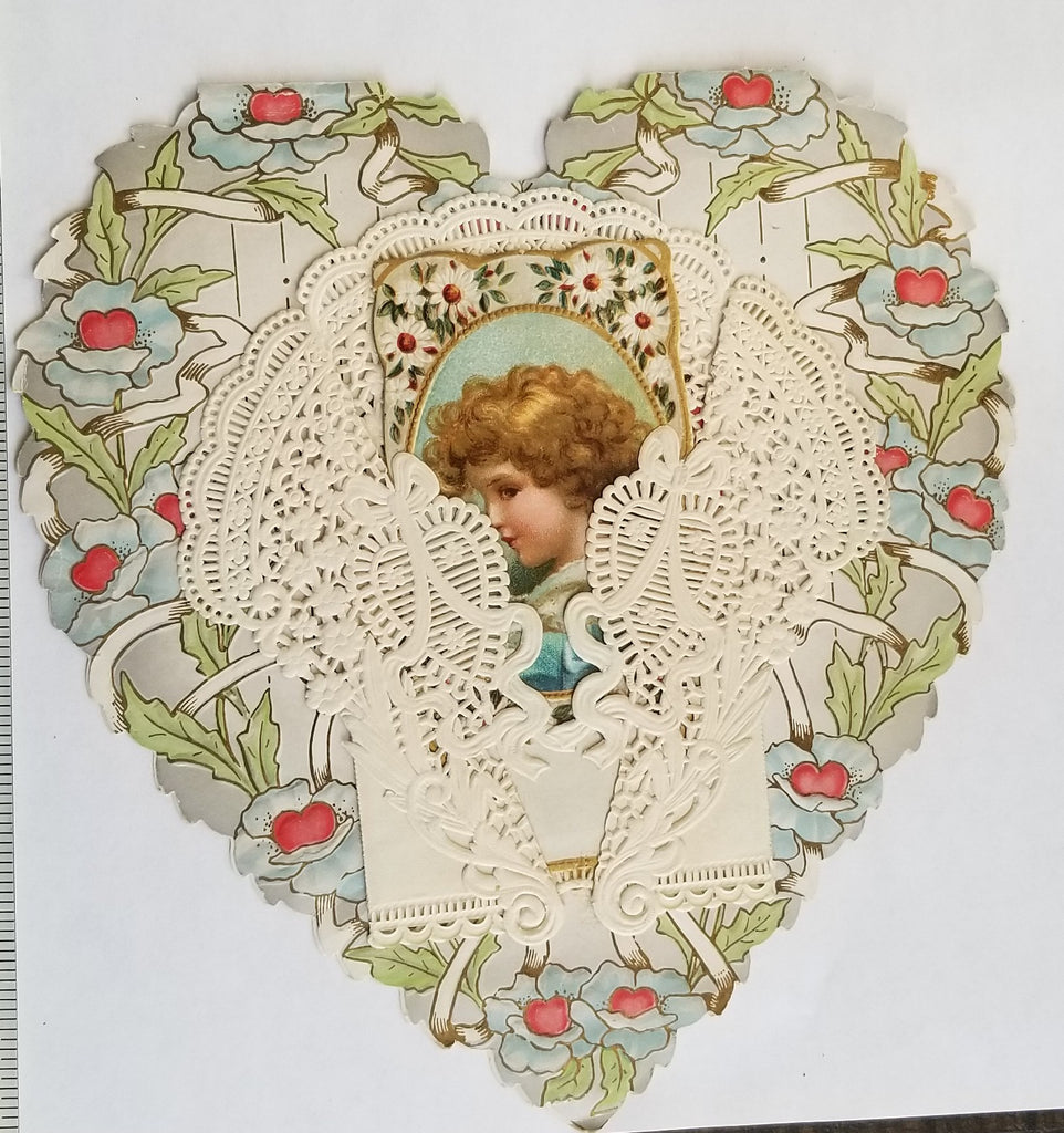 Antique Die Cut Embossed Valentine Heart Shaped Card Clapsaddle Child Behind Paper Lace