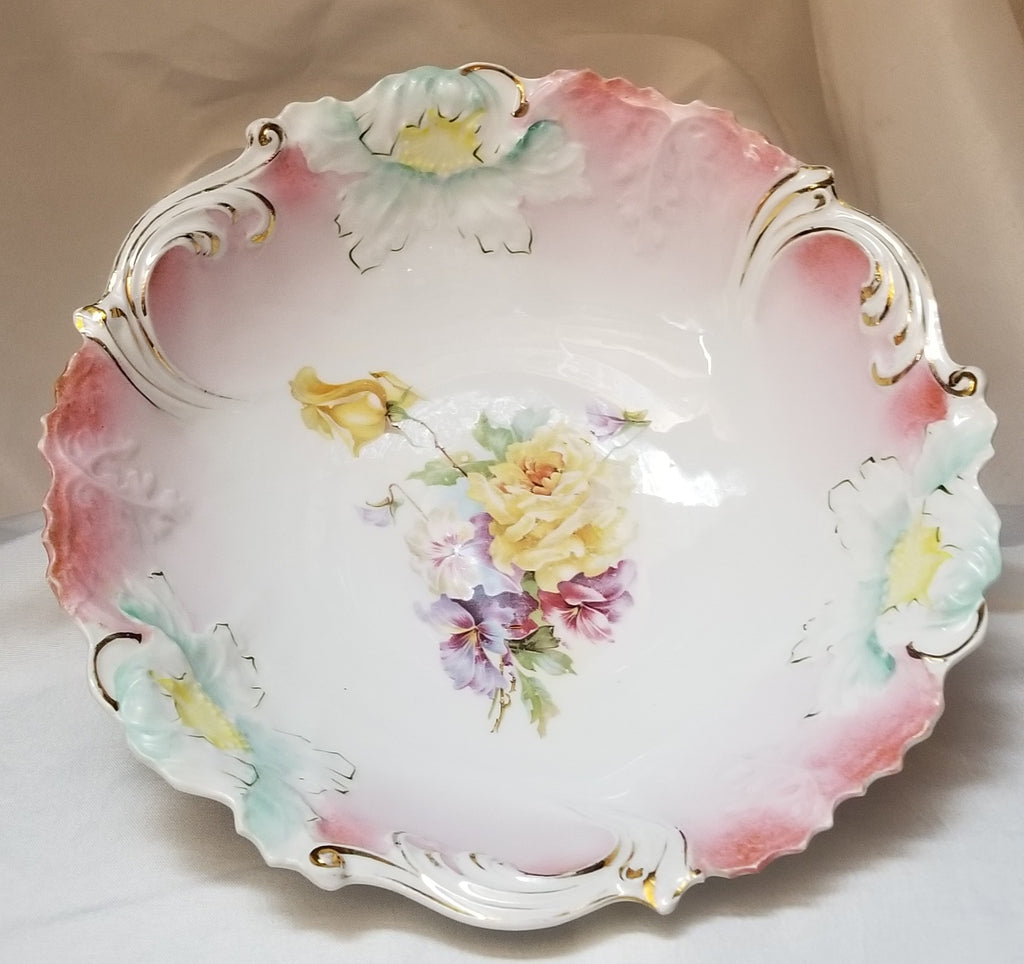 RS PRUSSIA Porcelain BOWL Steeple Mold 3 Pink Floral Decor 10"