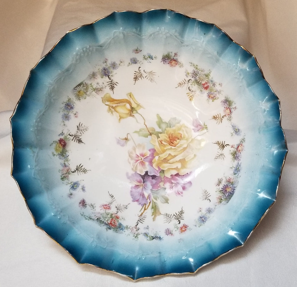 RS Prussia Porcelain Bowl Mold 12 Blue Rim Yellow Roses
