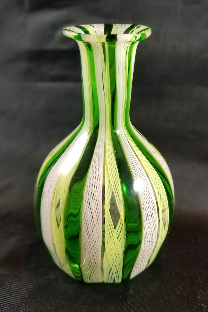 Venetian Latticinio Murano Glass Hand Blown Emerald & Chartreuse White Ribbon Twist Bud Vase