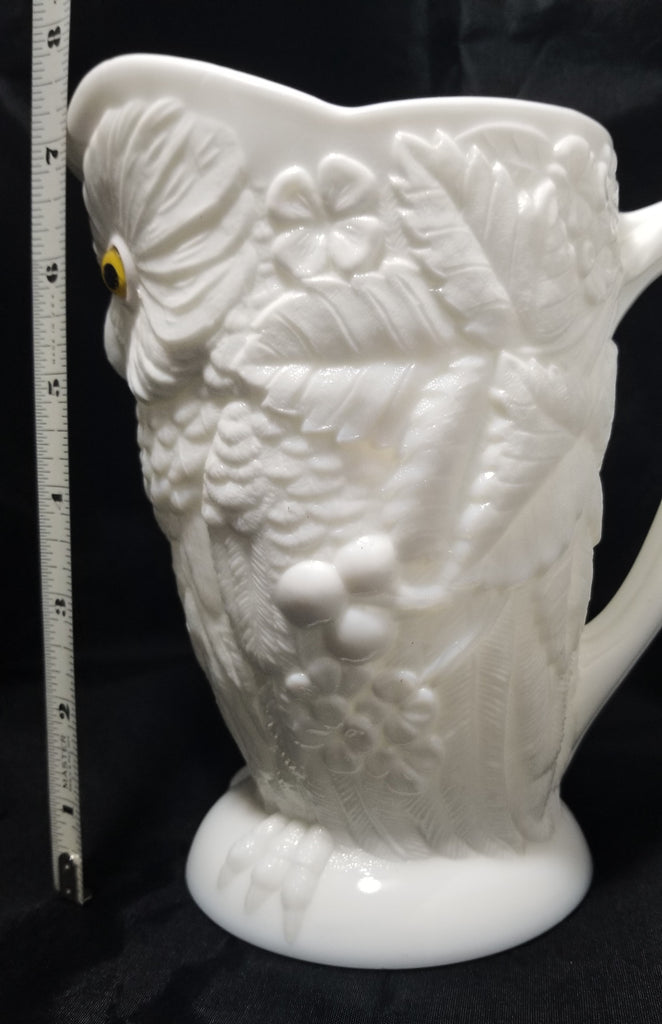 Antique Owl Opaque Milk Glass Pitcher with Glass Eyes by Bryce, Higbee & Co. 19th Century
