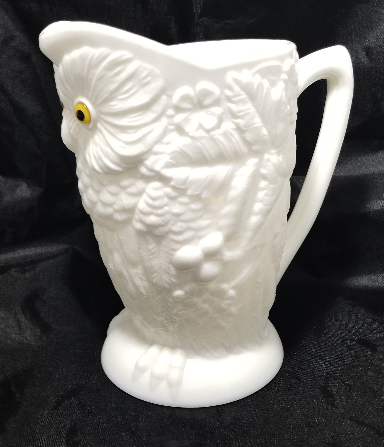 Bryce Opaque Milk Glass Figural Owl Pitcher with Glass Eyes