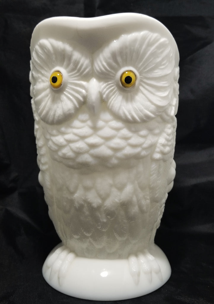 Antique Owl Opaque Milk Glass Pitcher with Glass Eyes by Bryce, Higbee & Co. 19th Century