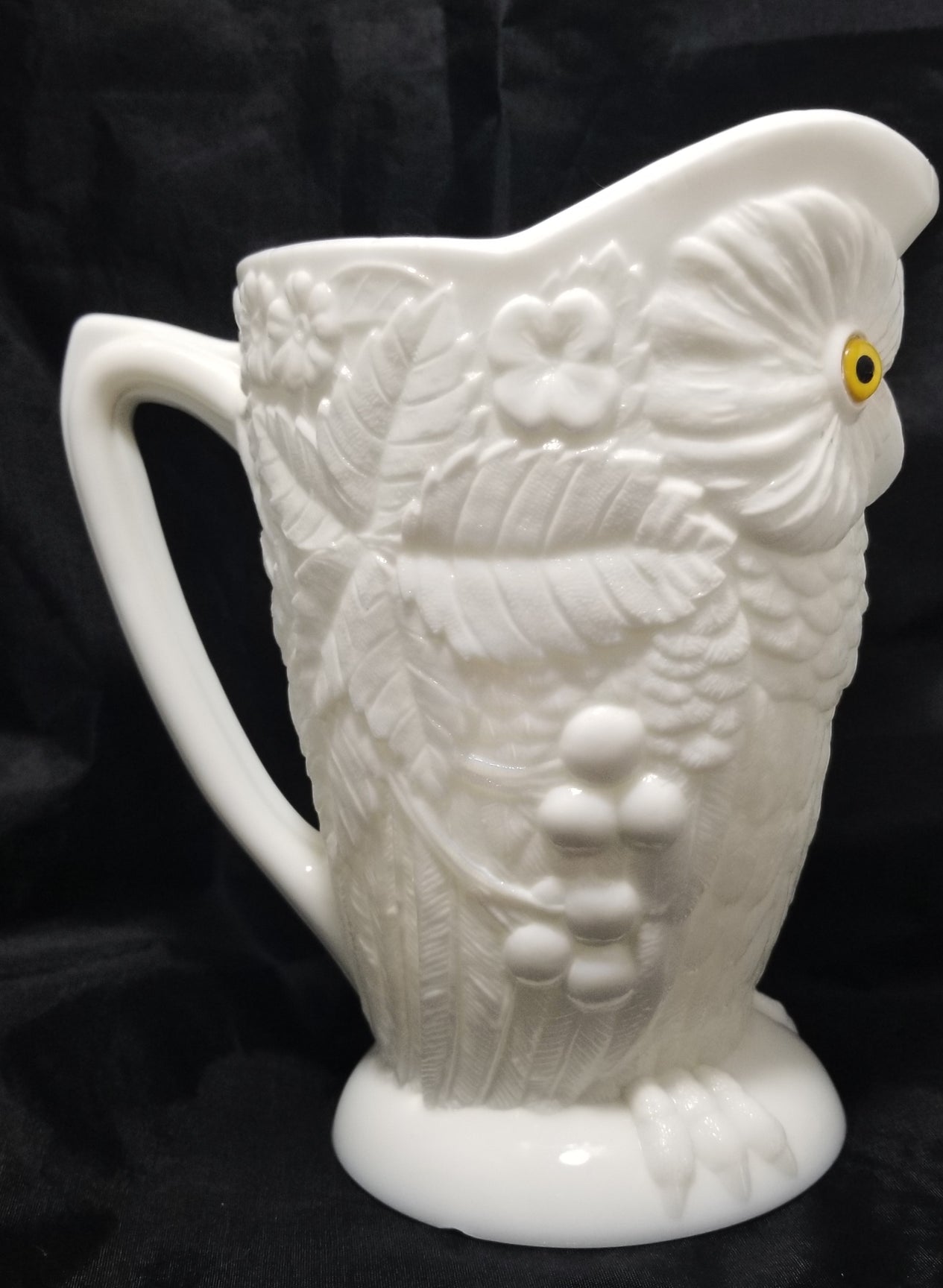 Bryce Opaque Milk Glass Figural Owl Pitcher with Glass Eyes