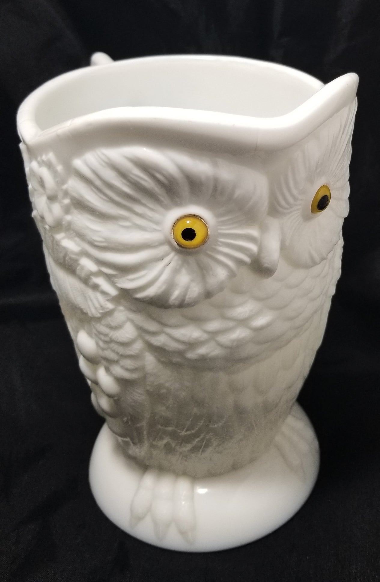 Bryce Opaque Milk Glass Figural Owl Pitcher with Glass Eyes