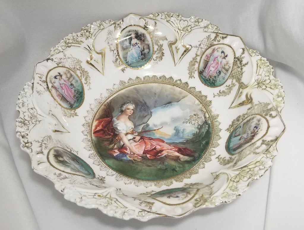 RARE RS Prussia Porcelain Point & Clover Bowl Diana the Huntress w/ Medallions
