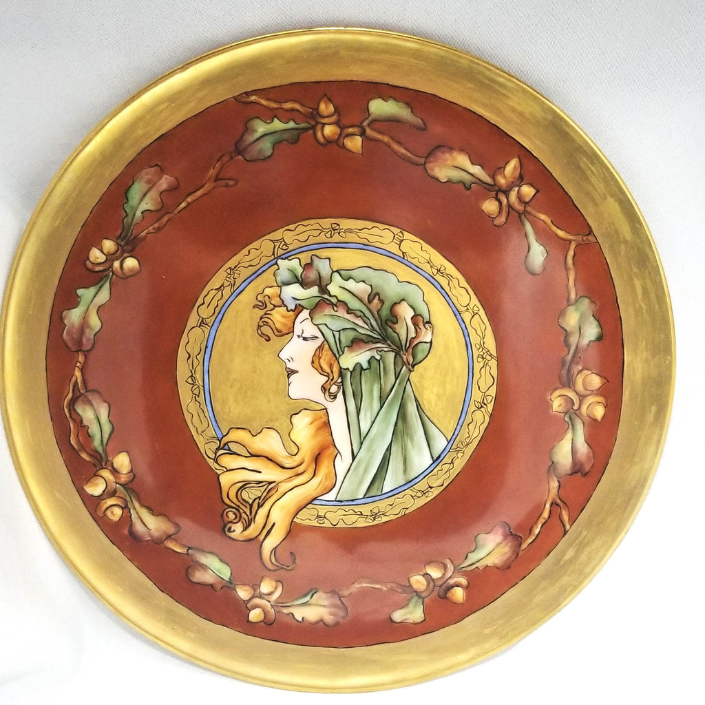 Large French Porcelain T&V Limoges Burgundy Charger Plaque Mucha Autumn Harvest Goddess