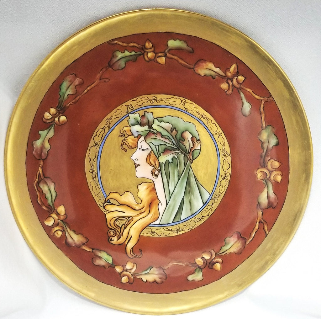 Large French Porcelain T&V Limoges Burgundy Charger Plaque Mucha Autumn Harvest Goddess