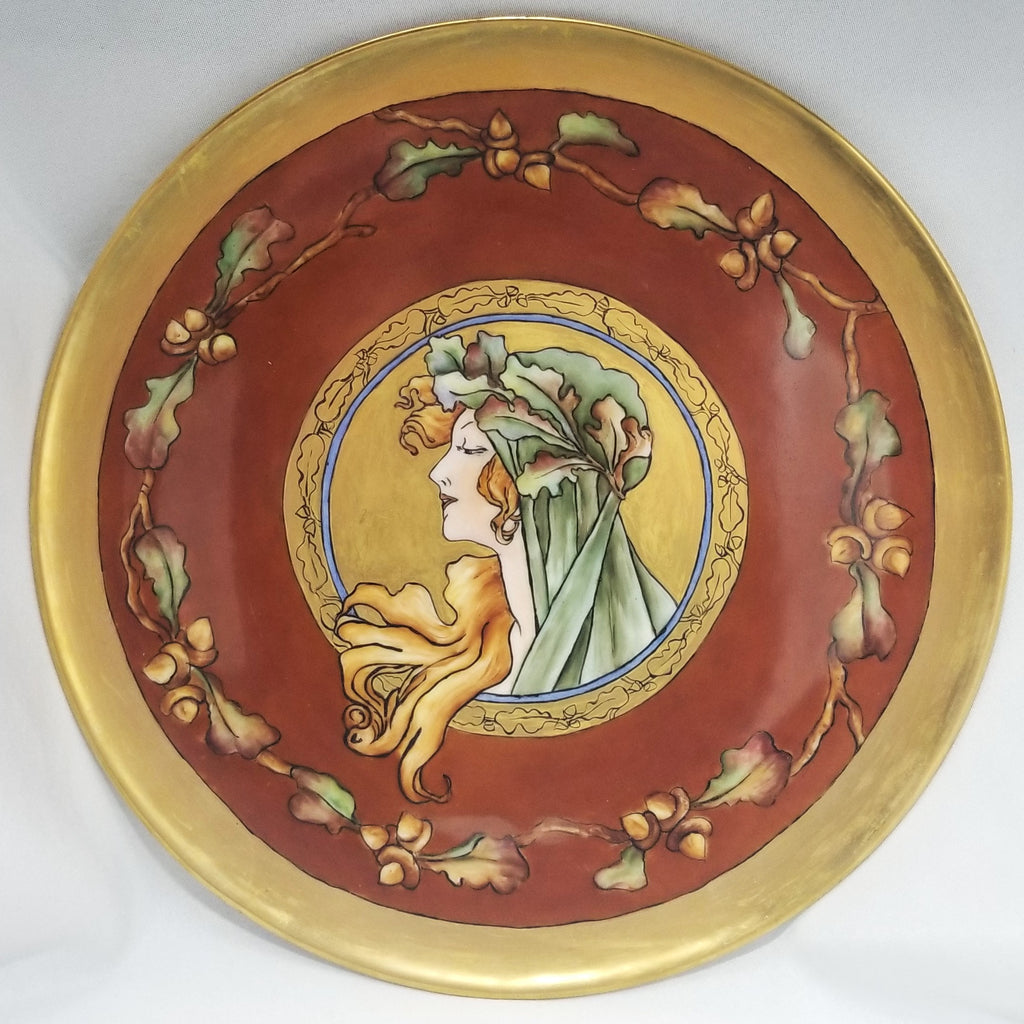 Large French Porcelain T&V Limoges Burgundy Charger Plaque Mucha Autumn Harvest Goddess