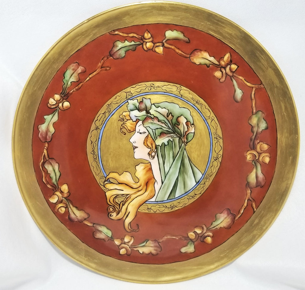 Large French Porcelain T&V Limoges Burgundy Charger Plaque Mucha Autumn Harvest Goddess