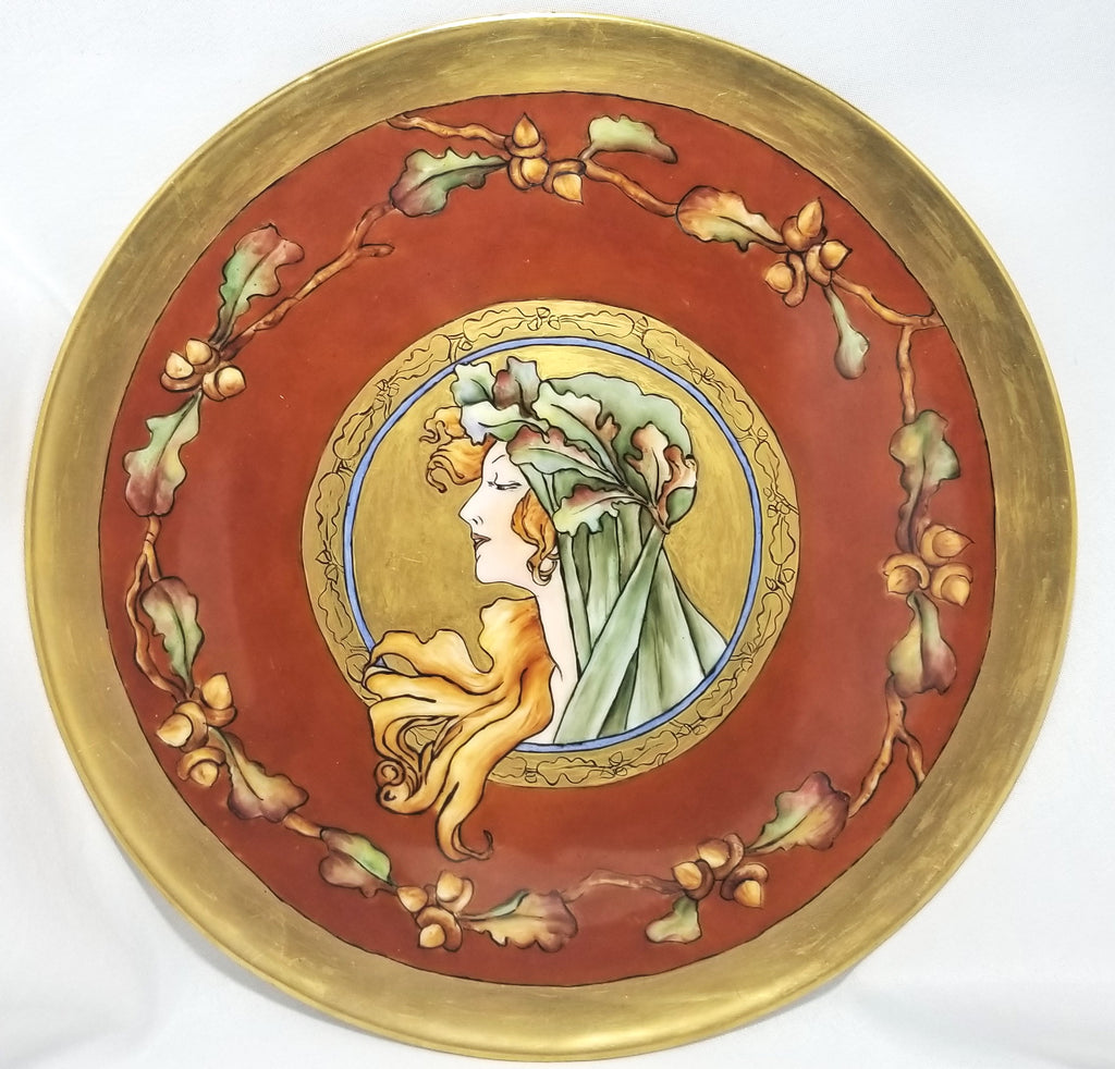 Large French Porcelain T&V Limoges Burgundy Charger Plaque Mucha Autumn Harvest Goddess